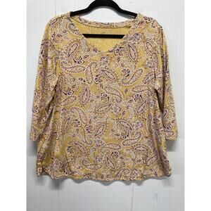 J.Jill Paisley Print V-Neck 3/4 Sleeve Pima Cotton Tee Top Yellow XL Autumn Boho